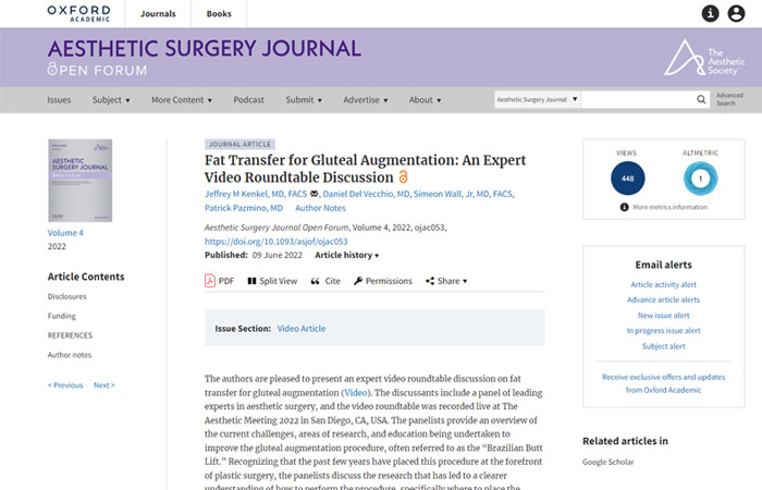 Screenshot of an article titled: Fat Transfer for Gluteal Augmentation: An Expert Video Roundtable Discussion